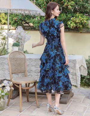 画像5: [送料無料][SETTAN]ブラック×ブルー・ホワイト×ブルー・ブラック×イエロー・フラワープリント・ティアード・フリル・プチハイネック・ミディアムドレス・ワンピース[即日発送][大きいサイズあり]