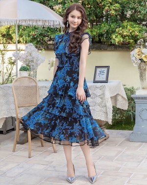 画像6: [送料無料][SETTAN]ブラック×ブルー・ホワイト×ブルー・ブラック×イエロー・フラワープリント・ティアード・フリル・プチハイネック・ミディアムドレス・ワンピース[即日発送][大きいサイズあり]