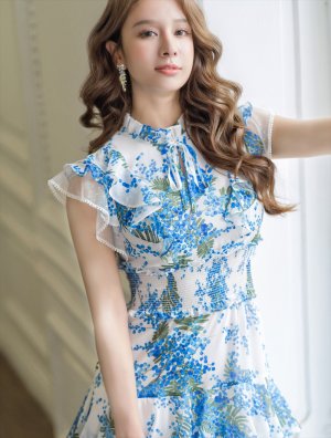 画像10: [送料無料][SETTAN]ブラック×ブルー・ホワイト×ブルー・ブラック×イエロー・フラワープリント・ティアード・フリル・プチハイネック・ミディアムドレス・ワンピース[即日発送][大きいサイズあり]