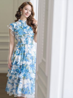 画像12: [送料無料][SETTAN]ブラック×ブルー・ホワイト×ブルー・ブラック×イエロー・フラワープリント・ティアード・フリル・プチハイネック・ミディアムドレス・ワンピース[即日発送][大きいサイズあり]