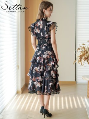 画像3: [送料無料][SETTAN]ブラック×ブラウン・花柄・シフォン・フリルスリーブ・プチハイネック・ティアード・Aライン・ミディアムドレス・ワンピース[即日発送][大きいサイズあり]