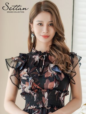 画像4: [送料無料][SETTAN]ブラック×ブラウン・花柄・シフォン・フリルスリーブ・プチハイネック・ティアード・Aライン・ミディアムドレス・ワンピース[即日発送][大きいサイズあり]