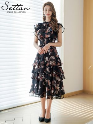 画像5: [送料無料][SETTAN]ブラック×ブラウン・花柄・シフォン・フリルスリーブ・プチハイネック・ティアード・Aライン・ミディアムドレス・ワンピース[即日発送][大きいサイズあり]