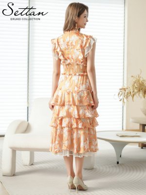 画像3: [送料無料][SETTAN]オレンジ・花柄・シフォン・フリルスリーブ・プチハイネック・ティアード・Aライン・ミディアムドレス・ワンピース[即日発送][大きいサイズあり]