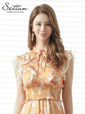 画像4: [送料無料][SETTAN]オレンジ・花柄・シフォン・フリルスリーブ・プチハイネック・ティアード・Aライン・ミディアムドレス・ワンピース[即日発送][大きいサイズあり]