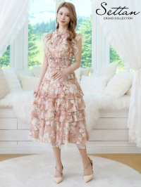 [送料無料][SETTAN]ピンク×アイボリー・花柄・シフォン・フリルスリーブ・プチハイネック・ティアード・Aライン・ミディアムドレス・ワンピース[即日発送][大きいサイズあり]