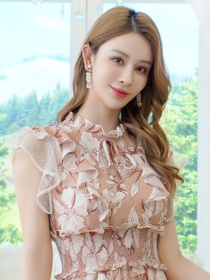 画像4: [送料無料][SETTAN]ピンク×アイボリー・花柄・シフォン・フリルスリーブ・プチハイネック・ティアード・Aライン・ミディアムドレス・ワンピース[即日発送][大きいサイズあり]