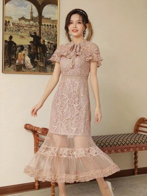 画像14: [送料無料][SETTAN]ホワイト・グリーン・ブルー・ブラウン・ネイビー・ワインレッド・総レース・シースルー・首元リボン・ミディアムドレス・ワンピース[即日発送][大きいサイズあり]