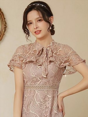 画像5: [送料無料][SETTAN]ブラウン・グリーン・ブルー・ホワイト・ネイビー・ワインレッド・総レース・シースルー・首元リボン・ミディアムドレス・ワンピース[即日発送][大きいサイズあり]