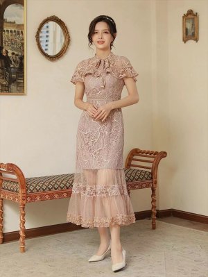 画像6: [送料無料][SETTAN]ブラウン・グリーン・ブルー・ホワイト・ネイビー・ワインレッド・総レース・シースルー・首元リボン・ミディアムドレス・ワンピース[即日発送][大きいサイズあり]