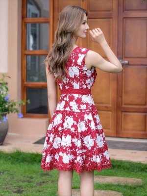 画像9: [送料無料][ERUKEI]ホワイト・レッド・花柄・プリント・レース・Vネック・ノースリーブ・Aライン・ミニドレス・ワンピース[即日発送][大きいサイズあり]