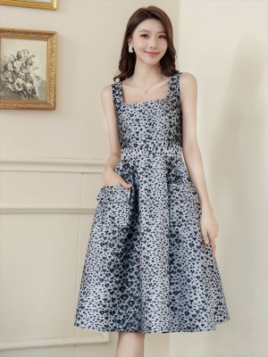 画像2: [送料無料][GINZA COUTURE]ブラック・レッド・オレンジ・ピンク・レオパード柄・ジャガード・ポケット付き・フレア・Aライン・ノースリーブ・ミディアムドレス・ワンピース[即日発送][大きいサイズあり]