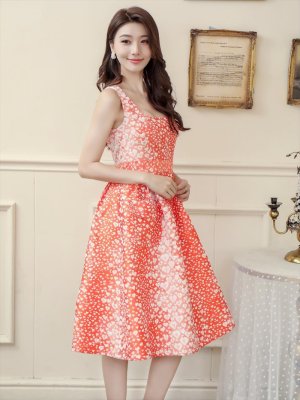 画像2: [送料無料][GINZA COUTURE]オレンジ・ピンク・ブラック・レッド・レオパード柄・ジャガード・ポケット付き・フレア・Aライン・ノースリーブ・ミディアムドレス・ワンピース[即日発送][大きいサイズあり]