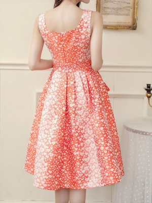 画像3: [送料無料][GINZA COUTURE]オレンジ・ピンク・ブラック・レッド・レオパード柄・ジャガード・ポケット付き・フレア・Aライン・ノースリーブ・ミディアムドレス・ワンピース[即日発送][大きいサイズあり]