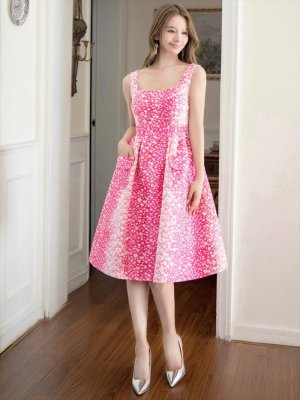 画像5: [送料無料][GINZA COUTURE]ピンク・ブラック・レッド・オレンジ・レオパード柄・ジャガード・ポケット付き・フレア・Aライン・ノースリーブ・ミディアムドレス・ワンピース[即日発送][大きいサイズあり]