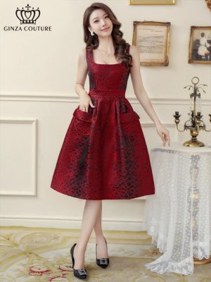 画像1: [送料無料][GINZA COUTURE]レッド・オレンジ・ピンク・ブラック・レオパード柄・ジャガード・ポケット付き・フレア・Aライン・ノースリーブ・ミディアムドレス・ワンピース[即日発送][大きいサイズあり]