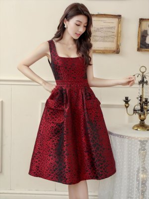 画像2: [送料無料][GINZA COUTURE]レッド・オレンジ・ピンク・ブラック・レオパード柄・ジャガード・ポケット付き・フレア・Aライン・ノースリーブ・ミディアムドレス・ワンピース[即日発送][大きいサイズあり]