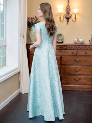 画像3: [送料無料][SETTAN]ブルー・ホワイト・シンプル・ジャガード・ハイウエスト・フリルスリーブ・Vネック・Aライン・ロングドレス [即日発送][大きいサイズあり]