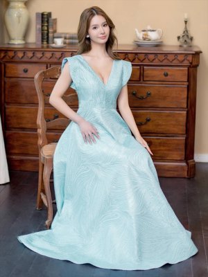 画像5: [送料無料][SETTAN]ブルー・ホワイト・シンプル・ジャガード・ハイウエスト・フリルスリーブ・Vネック・Aライン・ロングドレス [即日発送][大きいサイズあり]