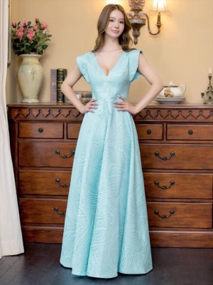 画像6: [送料無料][SETTAN]ブルー・ホワイト・シンプル・ジャガード・ハイウエスト・フリルスリーブ・Vネック・Aライン・ロングドレス [即日発送][大きいサイズあり]