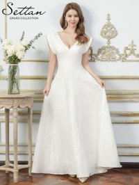 [送料無料][SETTAN]ホワイト・ブルー・アンゴラレッド・金糸・シンプル・ジャガード・ハイウエスト・フリルスリーブ・Vネック・Aライン・ロングドレス [即日発送][大きいサイズあり]