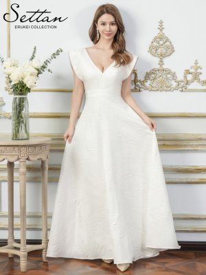 画像7: [送料無料][SETTAN]ブルー・ホワイト・アンゴラレッド・シンプル・ジャガード・ハイウエスト・フリルスリーブ・Vネック・Aライン・ロングドレス [即日発送][大きいサイズあり]