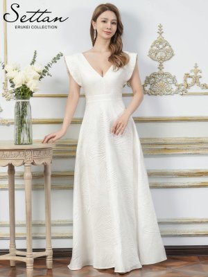 画像8: [送料無料][SETTAN]ブルー・ホワイト・アンゴラレッド・シンプル・ジャガード・ハイウエスト・フリルスリーブ・Vネック・Aライン・ロングドレス [即日発送][大きいサイズあり]