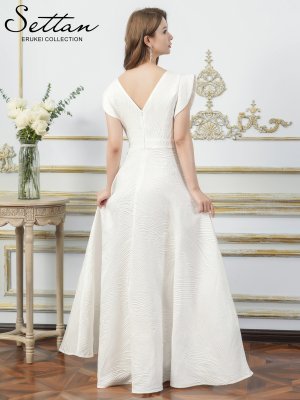 画像9: [送料無料][SETTAN]ブルー・ホワイト・アンゴラレッド・シンプル・ジャガード・ハイウエスト・フリルスリーブ・Vネック・Aライン・ロングドレス [即日発送][大きいサイズあり]