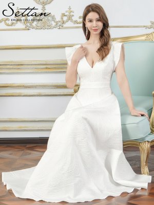 画像11: [送料無料][SETTAN]ブルー・ホワイト・アンゴラレッド・シンプル・ジャガード・ハイウエスト・フリルスリーブ・Vネック・Aライン・ロングドレス [即日発送][大きいサイズあり]