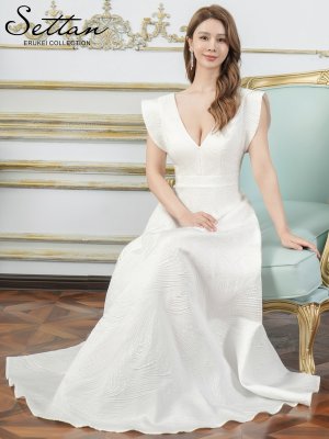 画像12: [送料無料][SETTAN]ブルー・ホワイト・アンゴラレッド・シンプル・ジャガード・ハイウエスト・フリルスリーブ・Vネック・Aライン・ロングドレス [即日発送][大きいサイズあり]