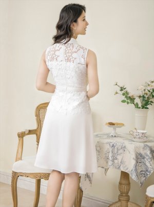 画像3: [送料無料][SETTAN]ホワイト・Aライン・レース・プチハイネック・ノースリーブ・ウエストリボン・ミディアムドレス・ワンピース[即日発送][大きいサイズあり]