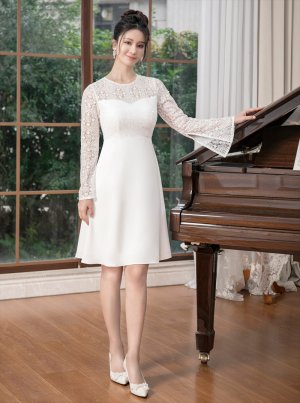 画像5: [送料無料][SETTAN]ホワイト・ロングスリーブ・レース・スパンコール・シンプル・Aライン・ミニドレス・ワンピース[即日発送][大きいサイズあり]
