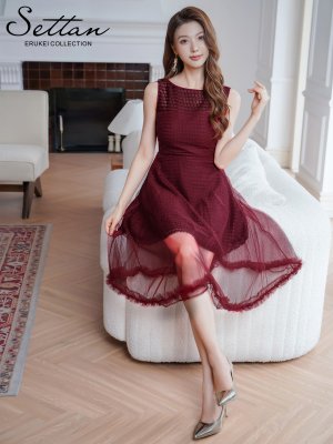 画像6: [送料無料][SETTAN]ワインレッド・ホワイト・ファー付き・シアー・チュールレース・ボートネック・ノースリーブ・Aライン・フレア・ミディアムドレス・ワンピース[即日発送][大きいサイズあり]