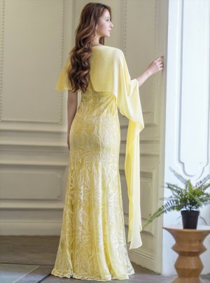 画像3: [送料無料][SETTAN]イエロー・ホワイト・ワインレッド・総レース・ケープ風・タイト・ロングドレス[即日発送][大きいサイズあり]