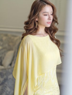 画像4: [送料無料][SETTAN]イエロー・ホワイト・ワインレッド・総レース・ケープ風・タイト・ロングドレス[即日発送][大きいサイズあり]