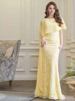 画像5: [送料無料][SETTAN]イエロー・ホワイト・ワインレッド・総レース・ケープ風・タイト・ロングドレス[即日発送][大きいサイズあり]