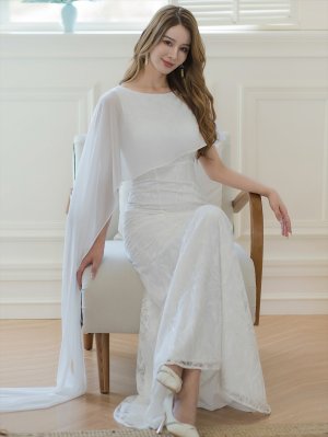 画像12: [送料無料][SETTAN]ワインレッド・ホワイト・イエロー・総レース・ケープ風・タイト・ロングドレス[即日発送][大きいサイズあり]