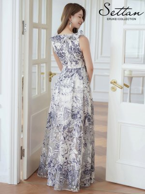 画像3: [送料無料][SETTAN]ホワイト×ネイビー・トワルドジュイ・プリント・オーガンジー・フリル・ノースリーブ・Vネック・Aライン・ロングドレス[即日発送][大きいサイズあり]