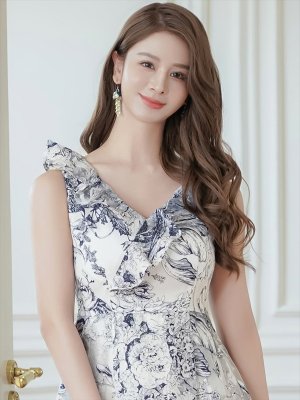 画像4: [送料無料][SETTAN]ホワイト×ネイビー・トワルドジュイ・プリント・オーガンジー・フリル・ノースリーブ・Vネック・Aライン・ロングドレス[即日発送][大きいサイズあり]