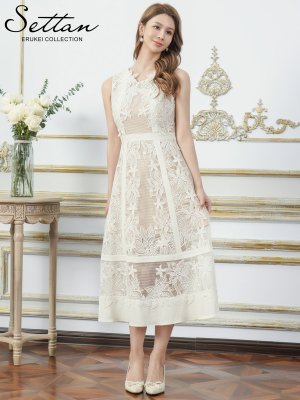 画像2: [送料無料][SETTAN]ホワイト・立体フラワー・レース・メッシュ・シアー・ノースリーブ・インナーミニ・Aライン・ミディアムドレス・ワンピース[即日発送][大きいサイズあり]