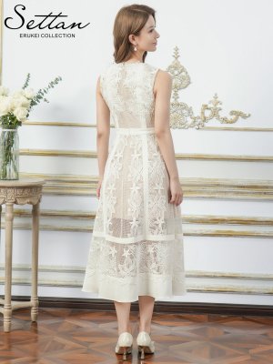 画像3: [送料無料][SETTAN]ホワイト・立体フラワー・レース・メッシュ・シアー・ノースリーブ・インナーミニ・Aライン・ミディアムドレス・ワンピース[即日発送][大きいサイズあり]