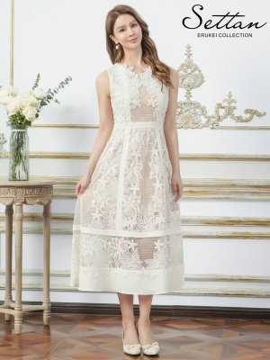 画像5: [送料無料][SETTAN]ホワイト・立体フラワー・レース・メッシュ・シアー・ノースリーブ・インナーミニ・Aライン・ミディアムドレス・ワンピース[即日発送][大きいサイズあり]