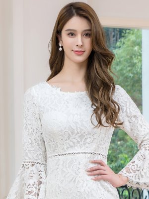 画像4: [送料無料][SETTAN]ホワイト・ボートネック・総レース・長袖・タイト・ミディアムドレス・ワンピース[即日発送][大きいサイズあり]