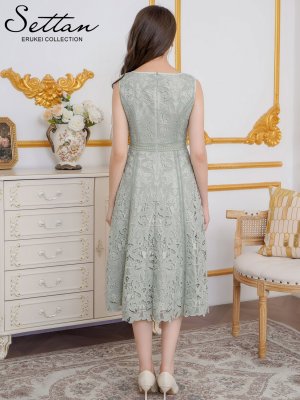 画像3: [送料無料][SETTAN]グリーン・ホワイト・総レース・ノースリーブ・パイピング・ハイウエスト・Aライン・ミディアムドレス・ワンピース[即日発送][大きいサイズあり]