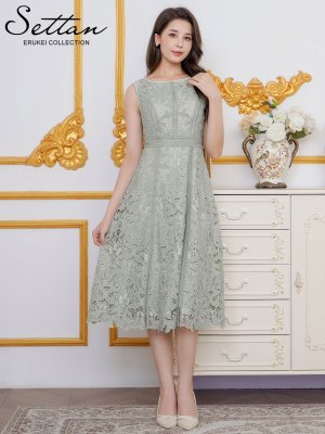 画像5: [送料無料][SETTAN]グリーン・ホワイト・総レース・ノースリーブ・パイピング・ハイウエスト・Aライン・ミディアムドレス・ワンピース[即日発送][大きいサイズあり]
