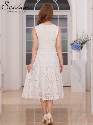 画像3: [送料無料][SETTAN]ホワイト・グリーン・総レース・ノースリーブ・パイピング・ハイウエスト・Aライン・ミディアムドレス・ワンピース[即日発送][大きいサイズあり]