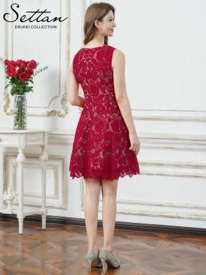 画像3: [送料無料][SETTAN]レッド・ホワイト・ブラック・ベージュ・ケミカルレース・総レース・ノースリーブ・Aライン・フレア・ミニドレス・ワンピース[即日発送][大きいサイズあり]