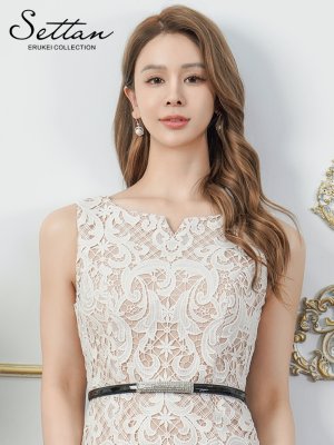 画像4: [送料無料][SETTAN]ホワイト・ケミカルレース・総レース・ビジューベルト・スリットネック・ノースリーブ・タイト・ミディアムドレス・ワンピース[即日発送][大きいサイズあり]