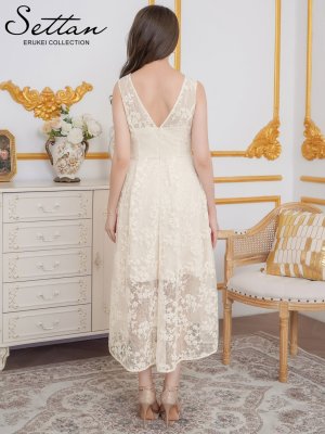 画像3: [送料無料][SETTAN]アイボリー・総レース・スパンコール・ノースリーブ・Vネック・タック・フィッシュテール・Aライン・ミディアムドレス・ワンピース[即日発送][大きいサイズあり]