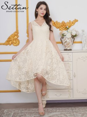 画像5: [送料無料][SETTAN]アイボリー・総レース・スパンコール・ノースリーブ・Vネック・タック・フィッシュテール・Aライン・ミディアムドレス・ワンピース[即日発送][大きいサイズあり]